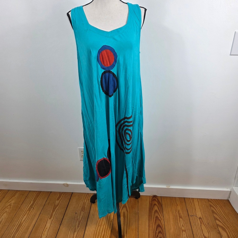 Junglee Billee Midi Dress Womens Free Size Teal Abstract Beach Resort  Lagenlook